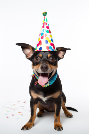 A mixed breed dog with a birthday hat on, on a pure white background, the dog looks happy and has confetti around itの素材