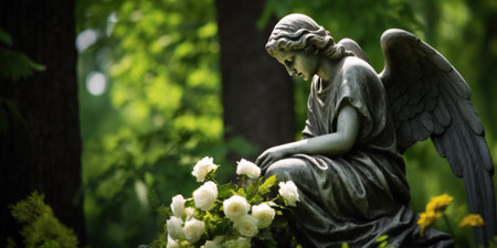Angel statue in a cemetery with flowers in the foreground, shallow depth of fieldの素材