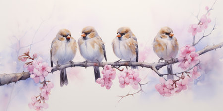 Two birds sitting on a branch of blooming sakura. Watercolor painting.の素材