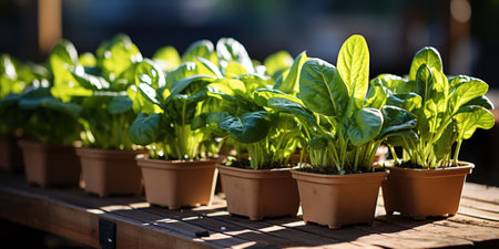 Spinach seedlings growing in terracotta pots in sunny dayの素材