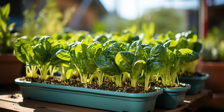 Spinach seedlings growing in pots on a window sill.の素材