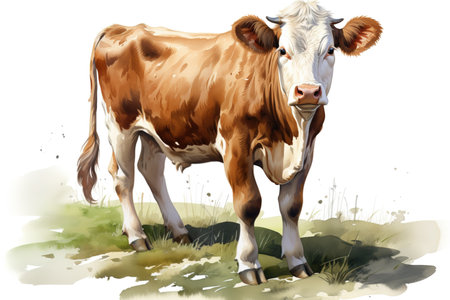 Illustration of a cow grazing on a green meadow in summerの素材