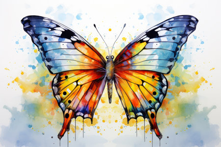 Watercolor butterfly on watercolor background. Hand drawn illustration.の素材