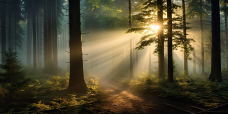 Foggy autumn forest with sunbeams and rays of lightの素材