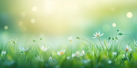 Spring meadow with white flowers and bokeh lights. Nature backgroundの素材