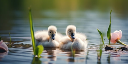 Mute swan, Cygnus olor, family of small white cygnets swimming in the lakeの素材