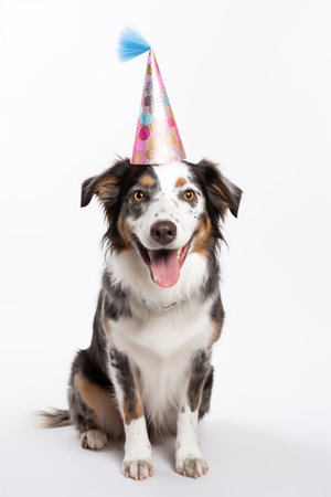 Portrait of australian shepherd with birthday hat on white backgroundの素材