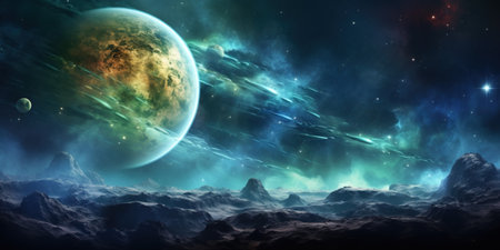 Space Art: Alien Planet - A Fantasy Landscape with planets, misty sky and starsの素材