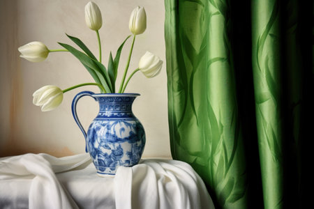 White tulips in a blue vase on the bed in the roomの素材