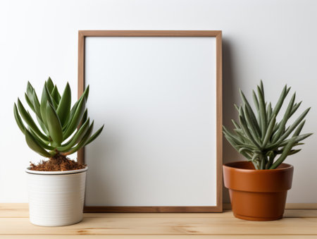 Blank picture frame mockup with succulent plant on wooden tableの素材