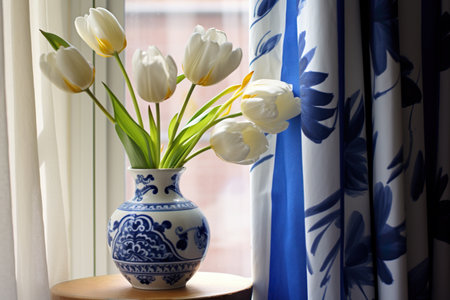 Bouquet of white tulips in a vase on a window sillの素材