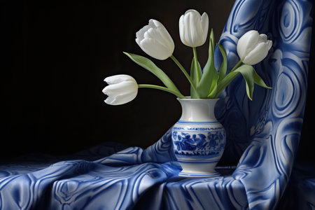 White tulips in a vase on a dark background. Place for text.の素材
