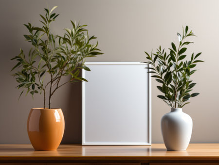 Mockup of a vertical poster on a wooden table with a plant in a vaseの素材