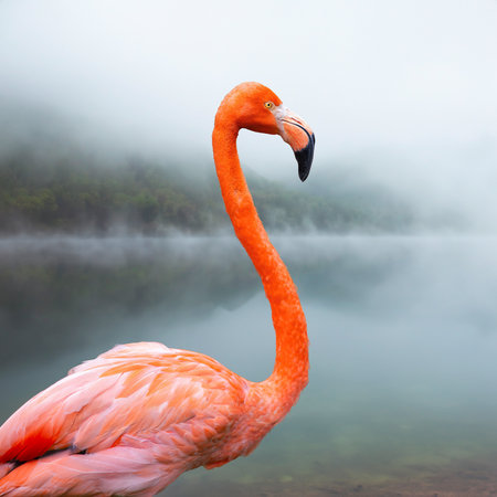 Pink flamingo on the lake in the mist. Beautiful bird.の素材