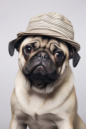 Studio portrait of a cute pug wearing a hat on gray backgroundの素材
