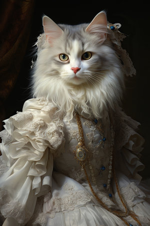 Beautiful white cat in a medieval dress on a dark background.の素材