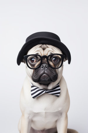 Funny pug dog wearing a bow tie and a hat on white backgroundの素材
