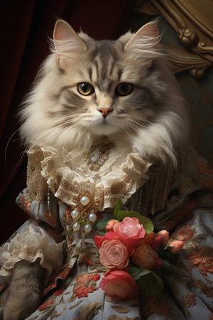 beautiful long-haired siberian cat in a vintage dressの素材