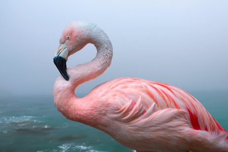 Pink flamingo on the beach in the fog. Close up.の素材