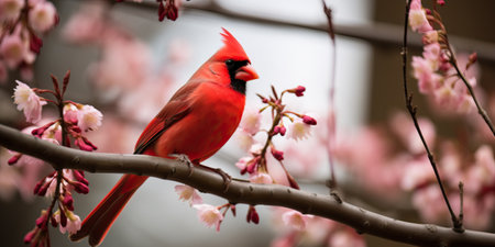 Male cardinal perched on a branch of a blossoming sakura treeの素材