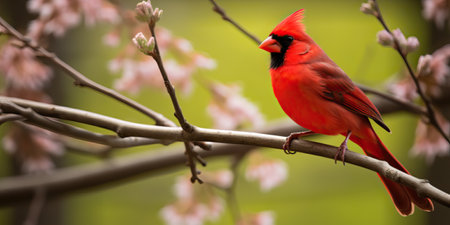 Male cardinal perched on a branch in front of sakura blossomの素材