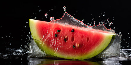 Watermelon slice with water splash on black background. Fresh fruits.