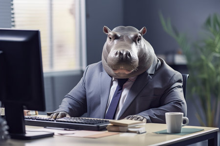 Businessman sitting at his desk with a hippo in his headの素材