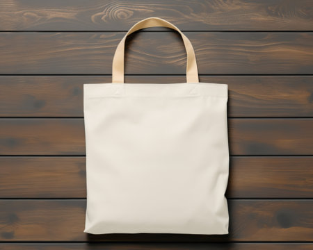 White tote bag mockup on brown wooden background. Top viewの素材