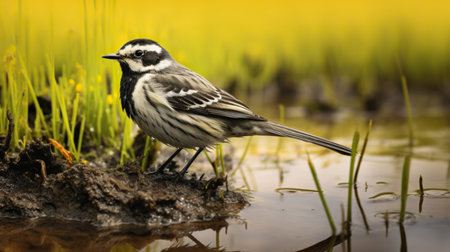 Meadow bunting, Motacilla alba, single bird in water, Warwickshireの素材