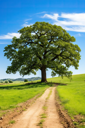 Old oak tree in the meadow with dirt road and blue skyの素材