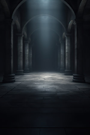 Dark corridor with columns and light at the end. 3D renderingの素材