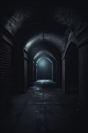 Dark corridor with light coming from the end of the tunnel. 3D renderingの素材