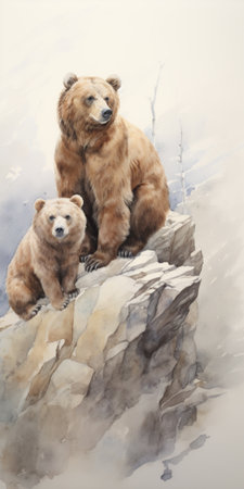 Two brown bears sitting on a rock in the winter forest. Digital painting.の素材