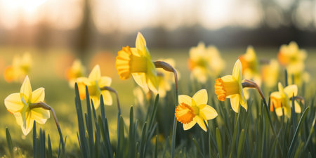Yellow daffodils in the meadow on a sunny day.の素材