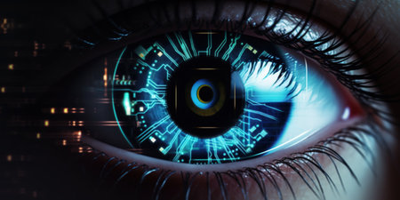 Close-up of human eye with digital hologram. 3D renderingの素材