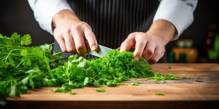 young man in a gray apron cuts parsley on a wooden boardの素材