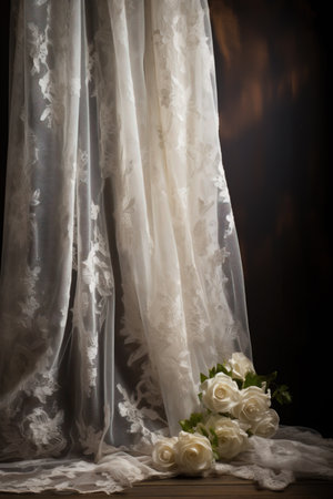 White roses on a wooden table with a curtain in the background.の素材
