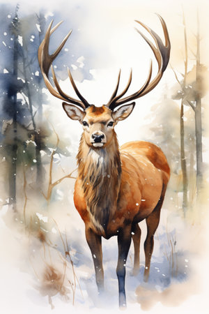 Digital painting of a deer with antlers in the winter forest.の素材