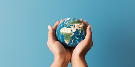 Female hands holding a globe on a blue background. The concept of Earth Day.の素材