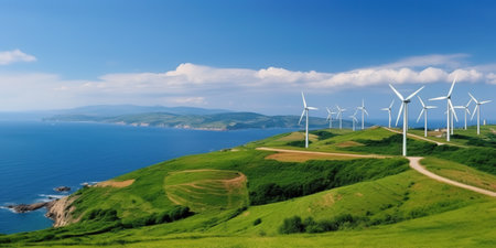 Wind turbines on a green hillside, panoramic view.の素材