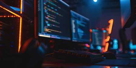 Foto de Programmer working on a computer in a server room at night. - Imagen libre de derechos