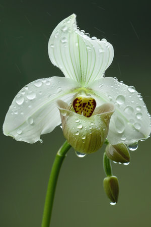 Paphiopedilum orchid with water drops on itの素材