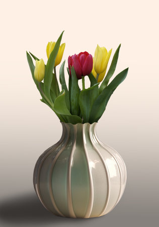 Tulips in vase on gray background. 3D illustration.の素材