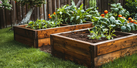 Wooden boxes with plants in the garden. Gardening concept.の素材