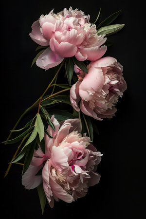 Beautiful peony flowers on a black background. Studio photography.の素材