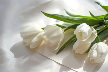 Bouquet of white tulips on a white sheet of paperの素材