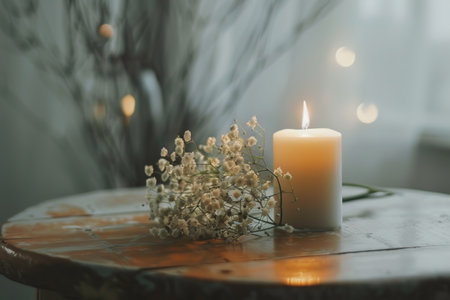 Candle light with gypsophila flowers on a wooden tableの素材