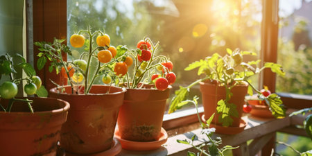 Tomatoes in pots on the windowsill in the sunlight. Gardening conceptの素材