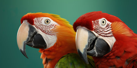 Two macaw parrots isolated on green background, close-upの素材