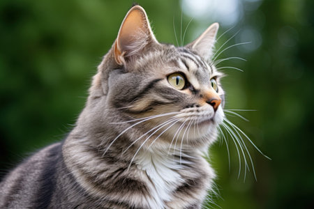 portrait of a beautiful tabby cat on a green blurred backgroundの素材